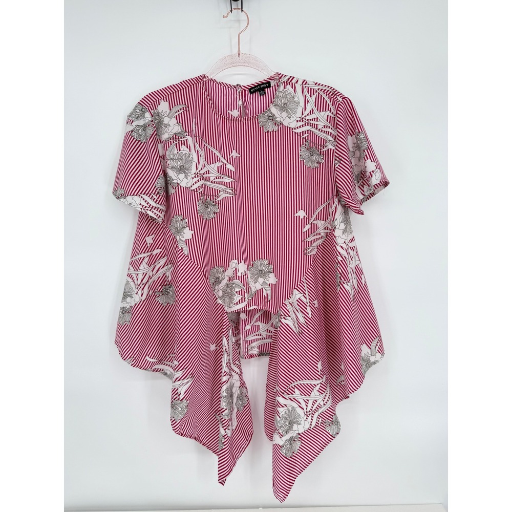 Style Envy Red Striped Floral Tie-Front Blouse Top - Women's Sz L